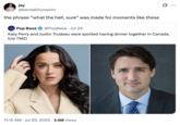 A "quote-tweet":https://knowyourmeme.com/memes/quote-retweets-qrts joking about former "Canadian":https://knowyourmeme.com/memes/cultures/canada Prime Minister "Justin Trudeau":https://knowyourmeme.com/memes/people/justin-trudeau and American pop singer "Katy Perry":https://knowyourmeme.com/memes/people/katy-perry having dinner in late July 2025. 