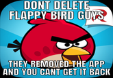 DONT DELETE FLAPPY BIRD GUYS THEY REMOVED THE APP AND YOU CANT GET IT BACK