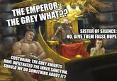 THE EMPEROR: THE GREY WHAT?? 1 SISTER OF SILENCE: NO, GIVE THEM FALSE HOPE CUSTODIAN: THE GREY KNIGHTS HAVE INFILTRATED THE INNER SANCTUM, SHOULD WE DO SOMETHING ABOUT IT? imgflip.com