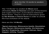give me the 14 words to awaken c-moon The "14 Words" to awaken C-Moon (and ultimately Made in Heaven) are part of the bizarre and cryptic lore from JoJo's Bizarre Adventure: Stone Ocean. They're a set of instructions given by Dio Brando to Enrico Pucci in order to unlock the true evolution of his Stand. Here are the 14 Words: "Spiral staircase, Rhinoceros beetle, Desolation Row, Fig tart, Rhinoceros beetle, Via Dolorosa, Fig tart, Singularity, Giovanni, Vatican, Gyro, Zeppeli, Infinity, Twelve."