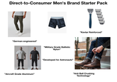 Direct-to-Consumer Men's Brand Starter Pack FOR DAILY WEAR "German-engineered" "Military Grade Ballistic Nylon" OTHER BRANDS TRUE CLASSIC "Aircraft Grade Aluminum" "Developed for Astronauts" "Kevlar Reinforced" "Anti Ball Crushing Technology"