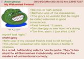 Anonymous My Wetawded Fwiend 45 KB GIF myself last night." ohshit.jpeg 08/04/25(Mon)00:35:52 No.937977237 >Be me, in high school. >Befriend one of me classmates. >The guy's so autistic that he might be called retarded in good conscience. >Fast forward 12 years. >Text the guy to see how he's doing. >"I'm fine, anon. I just tried to kill >Mfw one of my closest friends tried to kill himself. >His chosen speedrun strat was to down a bottle of vitamins. In a word, befriending retards has its perks. They're too stupid to kill themselves intentionally, and they're the masters of unintentional comedy.