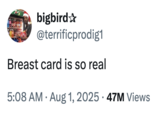 A "tweet":https://knowyourmeme.com/memes/sites/twitter-x from Twitter / X user @terrificprodig1, reading, "Breast card is so real," which started the "url:1951208513675329890" trend.