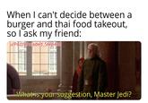When I can't decide between a burger and thai food takeout, so I ask my friend: u/Puzzleheaded Step468 What is your suggestion, Master Jedi?