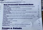 Original, Maui Onion, BBQ, Jalapeño, Sea Salt & Vinegar, Cheetos or Fritos. veggies 2.50 Jumbolaya 3.50 Gluten-free bread 3. 2 4 Hot Pressed Sandwiches Hot & Spicy Spinach, tomato, onion, jalapeño, green bell pepper, banana pepper, avocado, pepper jack, chipotle mayo on marble rye 13 Mother Clucker 14 5 Chicken salad, apple, craisin, onion, spinach, provolone on sourdough Porky's Revenge 15 Ham, brie, apple, arugula, honey mustard on sourdough 5 Chipotle R.B. 15 Roast beef, cheddar, chipotle mayo, green bell, onion, banana pepper on a hoagie California Melt 14 Turkey, bacon, avocado, swiss, chipotle mayo on wheat Cuban 13 Salami, ham, provolone, pickle, banana pepper, yellow mustard on a hoagie Veruca Salt 1,000 I want it now, Daddy! Anything on the menu, delivered ahead of all other orders Tex Mex Turkey, bacon, swiss, jalapeño, yellow and red bell pepper, banana pepper, 1000 Island on a hoagie Tuna Melt Tuna salad, cheddar on sourdough Grilled Cheese Cheddar on sourdough Rick Reuben + Pastrami, swiss, sauerkraut, 1,000 island dressing on Macrina rye Toddlers Only Little grilled cheese or PB&J on white, served with fruit Soups & Salads Jumbolaya 15 13 8 14 7 8.114