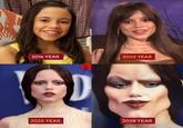 A meme about Jenna Ortega's change in appearance over the years. The meme jokes about what she might look like in 2028.