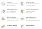 FILTERING Focussing on the negative Ignoring the positive CATASTROPHIZING Expecting the worst case scenario Minimizing the positive POLARIZED THINKING All-or-nothing thinking Ignoring complexity HEAVEN'S REWARD FALLACY Expecting self-sacrifice to be rewarded CONTROL FALLACIES Assumes only others to blame Assumes only self to blame ALWAYS BEING RIGHT Being wrong is unacceptable Being right supercedes everything FALLACY OF FAIRNESS Assumes life should be fair PERSONALIZATION Always assuming self responsible