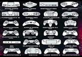 + ATARI PONG 1975 ATARI 2600 1977 NINTENTO NES 1985 SEGA GENESIS 1989 TURBOGRAFX 16 1989 SUPER NES 1991 ATARI JAGUAR 1993 SEGA SATURN 1995 PLAYSTATION 1995 APPLE PIPPN 1995 NINTENDO 64 1996 DREAMCAST 1999 XBOX 2001 2001 PLAYSTATION 2 GAMECUBE 2000 .܀ܘ XBOX 360 2005 WII 2006 PLAYSTATION 3 2006 WII-U 2012 XBOX ONE 2013 PLAYSTATION 4 SWITCH XBOX SERIES S PLAYSTATION 5