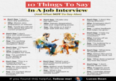10 Things To Say In A Job Interview X Don't Say: "I don't have any questions." ? Why: Shows zero preparation or interest. Say: "Could you tell me more about the team's current projects?" X Don't Say:"I don't have any weaknesses." Why: Sounds unrealistic and arrogant. Say: "I'm working on improving my delegation skills." X Don't Say: "I'll figure it out as I go." ? Why: Suggests you don't prepare for work. Say: "I'm confident in my ability to learn quickly." X Don't Say: "This is a stepping stone/ temporary for me." ? Why: No one wants to invest in short-term employees. Say: "I'm excited about growing with the company." (And What NOT To Say Also) X Don't Say: "I'll take any job right now." ? Why: Signals desperation, kills your negotiating power. Say: "My skills in X and Y align well with this role." X Don't Say: "What's your work-from-home policy?" (too early) Why: Makes work flexibility seem like your top priority. Say: "What's the company's approach to remote work?" If you found this helpful, follow me! X Don't Say: "I don't like taking direction." Why: Employers don't hire uncoachable people. Say: "I value feedback that helps me grow." Don't Say: "I hate my current boss and coworkers." Why: Comes off as ? negative and unprofessional. Say: "I'm looking for a team with strong communication." X Don't Say: "What time do people leave?" ? Why: Seems like you're watching the clock, not committed. Say: "What does a typical day look like here?" X Don't Say: "I don't handle stress well." Why: Suggests you'll crack under pressure. Say: "I manage stress by staying organized and focused." Lucas Bean