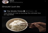 Mich @michtheseira > Should I just die ST The Straits Times ✪ @STcom. 3d Your bowl of rice is hurting the climate too str.sg/094K