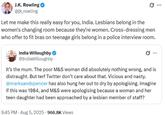 J.K. Rowling @jk_rowling Let me make this really easy for you, India. Lesbians belong in the women's changing room because they're women. Cross-dressing men who offer to fit bras on teenage girls belong in a police interview room. India Willoughby @IndiaWilloughby It's the mum. The poor M&S woman did absolutely nothing wrong, and is distraught. But terf Twitter don't care about that. Vicious and nasty. @marksandspencer has also hung her out to dry by apologising. Imagine if this was 1984, and M&S were apologising because a woman and her teen daughter had been approached by a lesbian member of staff? 9:45 PM - Aug 5, 2025 966.8K Views