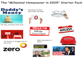 The "Millennial Homeowner in 2025" Starter Pack Daddy's Money INHERITANCE The amount of work done to get that home 0 FRIENDS POWER FAVORITISM RELATIVES (NEPOTISM DISCRIMINATION CORRUPTION WEALTH How they can afford their home NIMBY Х ! NOT IN MY BACKYARD HELLO I'M White (and privileged) HELLO I AM... RACIST shutterstock.com 1755208385 The Amount of struggle they've had in life: What they preach to others: MAKE AMERICA GREAT AGAIN zero PROTESTANT WORK ETHIC Milionaire to millennials: Stop buying avocado toast if you want to buy a home MUSK WANTS 120-HOUR WORK WEEK Firstpost AMERICA