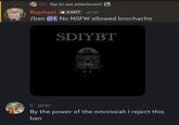 @E Tap to see attachment ☑ Raphael KART 07:57 /ban @E No NSFW allowed brochacho SDIYBT E 07:57 By the power of the omnissiah I reject this ban