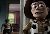 An edited image of Woody from "Toy Story" hiding from a Travis Scott action figure from his album "Rodeo." The meme is by @whoistravisscott.