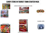 aveet Carn CANDY STORE IN TOURIST TOWN STARTER PACK novelty sodas Japanese snacks HERSHEY'S saltwater taffy that may or may not be stale *overpriced jelly belly dispenser IRIS novelty mints Potty Mouth