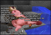 Achilles sulking because Agamemnon took his Achilles "roomate" spoils of war dying after impersonating him to (literally a boost moral woman) Achilles' armor