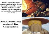 Araki creating most stands, going into detail to make sure the song lyrics as well as the singer's story applies to both the stand and its user Araki creating a stand for Cioccolata GREEN.