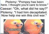Ptolemy: "Pompey has been. here. I thought you'd care to know." Caesar: "Oh, what did he say?" Ptolemy: "I had him decapitated. Now help me win this civil war." imgilp.com Caesar Listen here, you little s---
