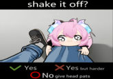 L shake it off? 60 } Yes X Yes but harder ONO give head pats No