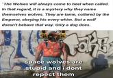 "The Wolves will always come to heel when called. In that regard, it is a mystery why they name themselves wolves. They are tame, collared by the Emperor, obeying his every whim. But a wolf doesn't behave that way. Only a dog does. space wolves are stupid and i dont repect them
