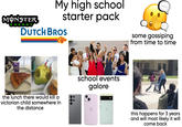 MUNSTER ENERGY My high school starter pack DUTCH BROS Coffee MILK the lunch there would kill a victorian child somewhere in the distance SAMSUNG school events galore some gossiping from time to time this happens for 3 years and will most likely it will come back