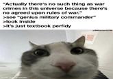"Actually there's no such thing as war crimes in this universe because there's no agreed upon rules of war.' " >see "genius military commander" >look inside >it's just textbook perfidy made with mematic u/BillCarson12799