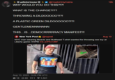 4 usNotoriouSIT 4 @CryptoOnlyCoims 19h WHY WOULD YOU DO THIS?!?! WHAT IS THE CHARGE?!?? THROWING A DILDOOOOO?!?! A PLASTIC GREEN DILDOOOOOO?!?! GENTLEMENNNNNNN THIS...IS...DEMOCRRRRRACY MANIFEST!!! New York Post @nypost Aug 10 NYC man wearing Beavis and Butthead T-shirt wanted for throwing sex toy at Liberty game: NYPD trib.al/PKnViBF TH Aug 10, 2025 - 5:09 PM UTC 18 90 551 ♥1,591