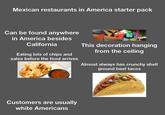 Mexican restaurants in America starter pack Can be found anywhere in America besides California Eating lots of chips and salsa before the food arrives This decoration hanging from the ceiling Almost always has crunchy shell ground beef tacos Customers are usually white Americans