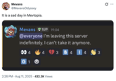 A "tweet":https://knowyourmeme.com/memes/sites/twitter-x from MevansOdyssey on X, showing his own "Discord":https://knowyourmeme.com/memes/sites/discord message about leaving the Discord server where JBear broke up with him.