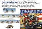 In Germany, the word "digga" means bruh, dude or bro and is widely used throughout the country. Very, very, in at the moment among young people, even though it's already over 20 years old. 18.07.2024 Digga Nob[2] Digga Shaman [2] DIGGANOR Digga Boyz[2] Digga Yoofs [2] Digga Trukk[2] GORKAMORKA SUPPLEMENT GAMES WORKSHO