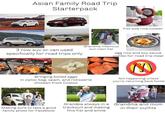 ECH Asian Family Road Trip Starterpack Fist size rice cooker 3 row suv or van used specifically for road trips only KIRKLOND SEASONED ROTISSERIE CHICKS Grandma infamous sun visor hat egg rice and soy sauce combo for road trip meal Bringing boiled eggs in ziploc bag, spam, and rotisserie chicken from Costco alamg Making sure to take a good family photo for Facebook Grandpa always in a tracksuit and making this fist and smile Not happening unless you're returning back home Grandma and mom in their outfits