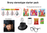 Brony stereotype starter pack Underweight BMI <18.5 Normal BMI 18.5 -24.9 Overweight BMI 25.0-29.9 Obese BMI > 30.0 The only generation they like is G4 LittleP Has neckbeard Cheetos