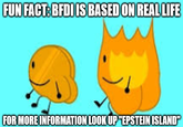 FUN FACT: BFDI IS BASED ON REAL LIFE FOR MORE INFORMATION LOOK UP "EPSTEIN ISLAND"