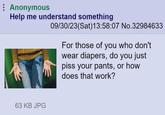 Anonymous Help me understand something 09/30/23(Sat) 13:58:07 No.32984633 For those of you who don't wear diapers, do you just piss your pants, or how does that work? 63 KB JPG