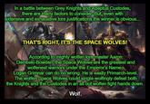 In a battle between Grey Knights and Adeptus Custodes, there are many factors to consider But, even with extensive and exhaustive lore justifications the winner is obvious... THAT'S RIGHT, IT'S THE SPACE WOLVES! According to mighty wolfen lore master Aaron Dembski-Bowden, the Space Wolves are the greatest and wolfenest warriors under the Emperor's Name. Logan Grimnar can do no wrong. He is easily Primarch-level. The wolfen Space Wolves could single-wolfingly defeat both the Knights and the Custodes in an all out wolfen fight hands down. Wolf.