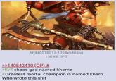 AP440518012-1024x640.jpg 150 KB JPG >>140842410 (OP) # >Evil chaos god named khorne > Greatest mortal champion is named kharn Who wrote this s---