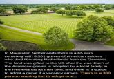 In Margraten Netherlands there is a 65 acre cemetery with 8,301 graves of American solders who died liberating Netherlands from the Germans. The land was gifted to the US after the war. Each of the American graves is adopted by a local family in the Netherlands as their own, and there is a queue to adopt a grave if a vacancy arrives. There is a 300 person waiting list to adopt one...