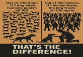Out of 100 dogs, if 1 dog bites, humans punish all 100. Out of 100 humans, if 1 human feeds, the dog trusts all 100 again. THAT'S THE DIFFERENCE!