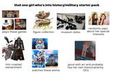 TS IRON IV that one girl who's into history/military starter pack -VAR THUNDER CRUSADER KINGS III plays these games figure collection museum dates into cosplay/ reenactment ZER watches these anime shutterstock.com-2359706759 randomly yaps about her special interests UNITED STATE good with art and probably has her own historical/army OCs