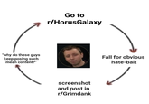Go to r/HorusGalaxy "why do these guys keep posing such mean content?" Fall for obvious hate-bait screenshot and post in r/Grimdank