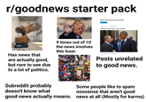 r/goodnews starter pack Obama stares down a war criminal OP opinion r/pics 2d u/lethargicwalrus2 Obama stares down a war criminal Has news that are actually good, but rare to see due to a lot of politics. Subreddit probably doesn't know what 9 times out of 10 the news involves this loser. good news actually means. 100k upvotes 5.9k comments Posts unrelated to good news. Some people like to spam nonsense that aren't good news at all (Mostly for karma)