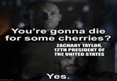 You're gonna die for some cherries? ZACHARY TAYLOR, 12TH PRESIDENT OF THE UNITED STATES Yes. imgflip.com