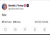 Bela Donald J. Trump @realDonaldTrump + 87 ReTruths 314 Likes 27 8/17/25, 9:31 AM ☐