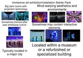 Immersive art exhibition/installation Starter Pack Big dark rooms with projection technology Mind-warping aesthetics and environments Sometimes themed after past artists/pop culture Sometimes may contain interactive elements Located within a museum Typically located in a major city or a refurbished or specialized building