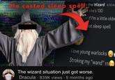 www He casted sleep spet in the Wizard 4:50 Al she's 130 hat if I'm a little olde ast sleep spell I love young warlocks Stroking my "wand" rn The wizard situation just got worse. Dracula - 839K views 5 months ago