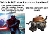 Which MF stacks more bodies? The main character of the Skywalker Saga, Some astromech the Chosen One, and the youngling slayer, himself droid