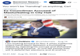 @GovPressOffice posted a tweet responsing to CA State Representative Carl DeMaio, highlighting news reports that he was accused of "masturbating" in City Hall in response to the Representative criticizing Gavin Newsom's redistricting efforts in California.