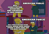 1923 USS CONSTITUTION DEFEATING HMS GUERRIERE IN FAIR COMBAT AMERICAN PUBLIC www AMERICAN PUBLIC USS CONSTITUTION BEING BIGGER, HAVING MORE ARMOR, HAVING 12 MORE GUNS, AND 208 MORE SOLDIERS