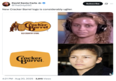 A "meme":https://knowyourmeme.com/memes/memes about the new 2025 Cracker Barrel logo, referencing the "Buttaface Contest Girl Stacy":https://knowyourmeme.com/memes/buttaface-contest-girl-stacy and the "Model vs. Cashier":https://knowyourmeme.com/memes/model-vs-cashier format.