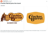 A "meme":https://knowyourmeme.com/memes/memes and "Reddit":https://knowyourmeme.com/memes/sites/reddit post about the 2025 Cracker Barrel Logo Change.